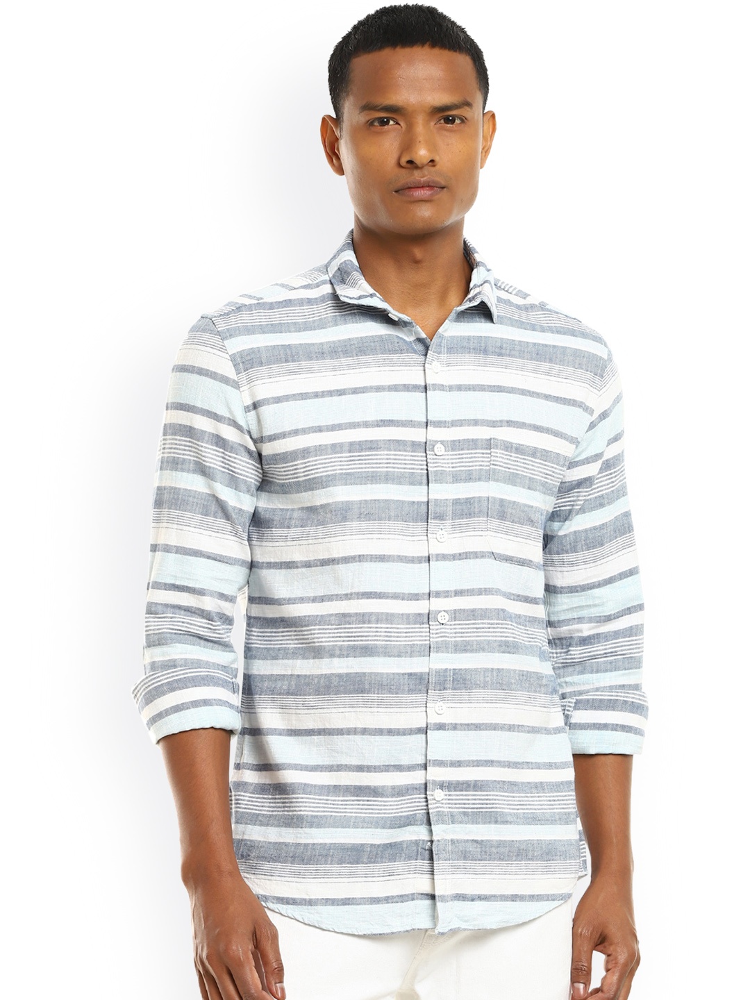 

Cherokee Men Blue & White Striped Opaque Cotton Casual Shirt