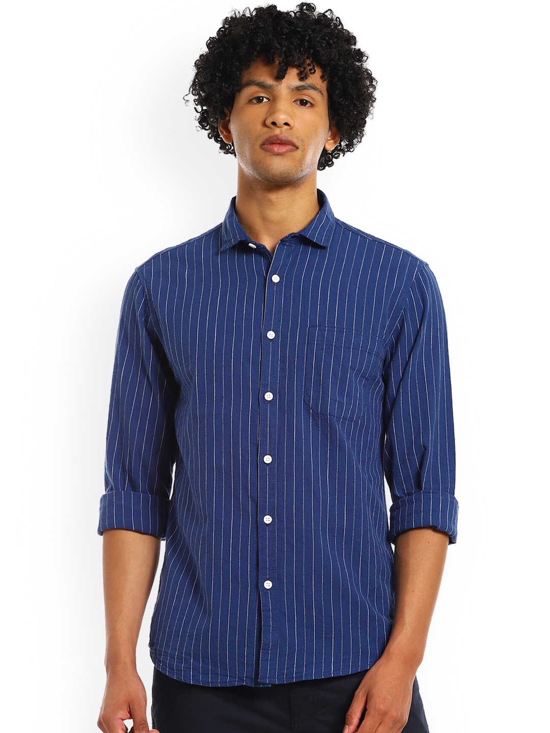 

Cherokee Men Blue & White Striped Opaque Cotton Casual Shirt
