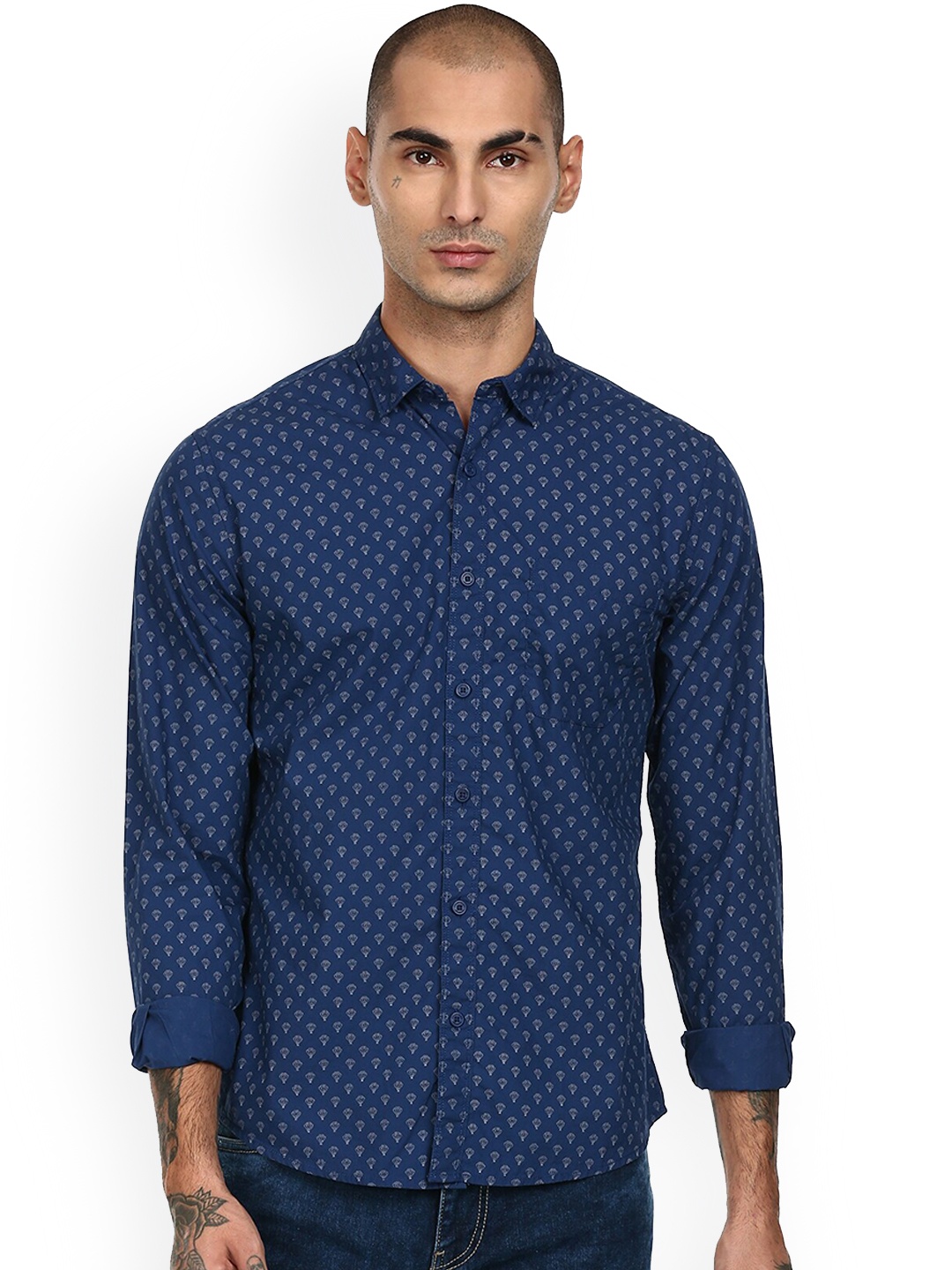 

Cherokee Men Navy Blue Printed Opaque Cotton Casual Shirt