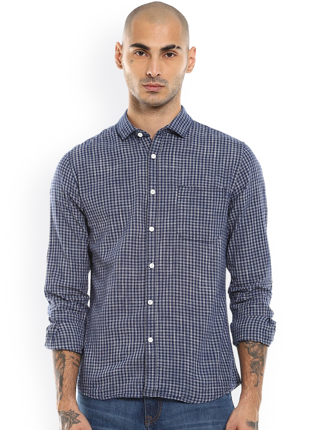 

Cherokee Men Blue Checked Opaque Cotton Casual Shirt