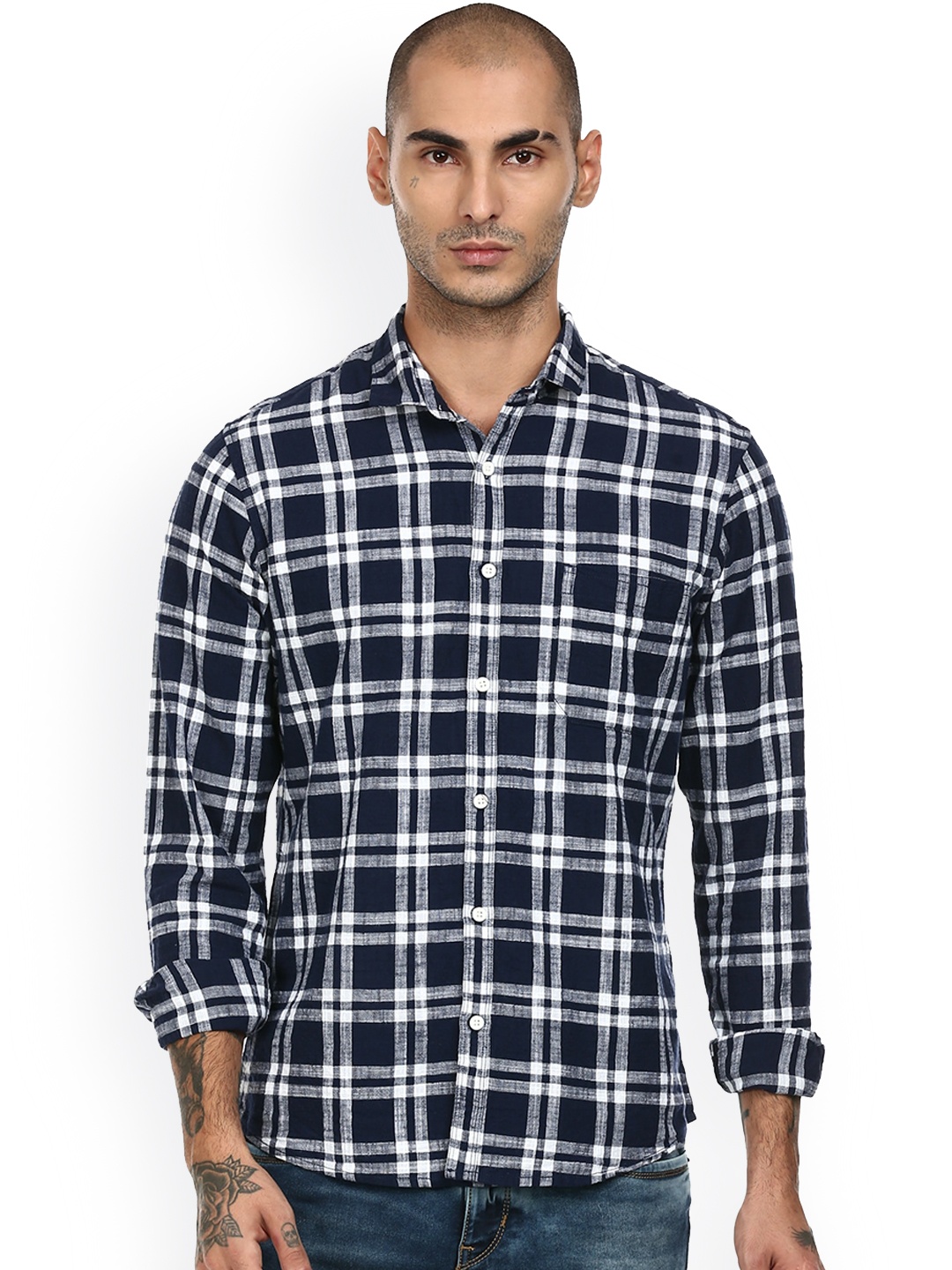 

Cherokee Men Navy Blue & White Tartan Checks Opaque Cotton Casual Shirt