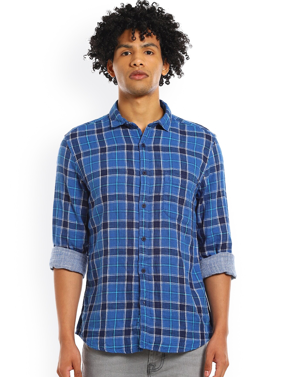 

Cherokee Men Blue Tartan Checks Opaque Cotton Casual Shirt