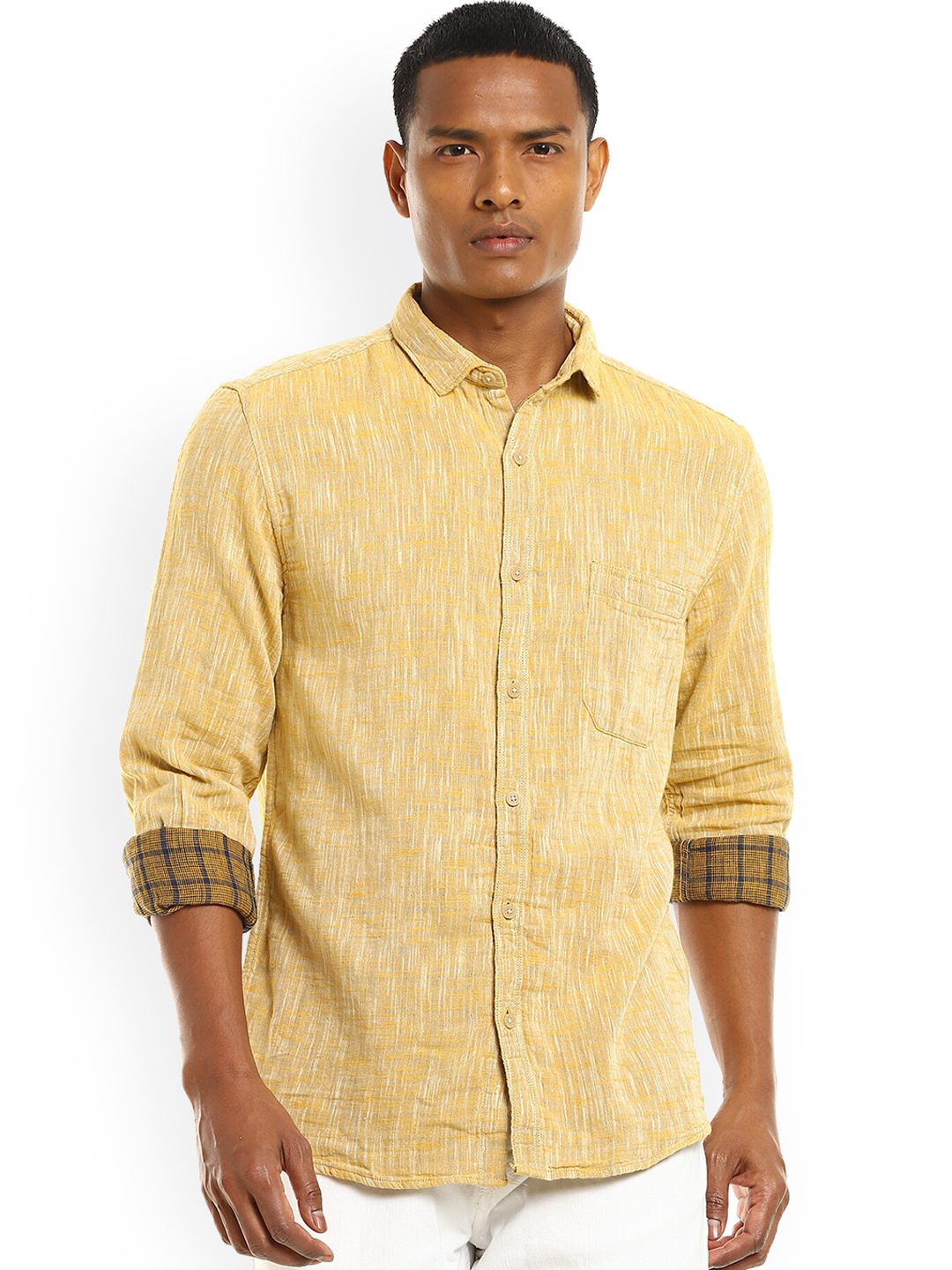 

Cherokee Men Yellow Heathered Opaque Cotton Casual Shirt