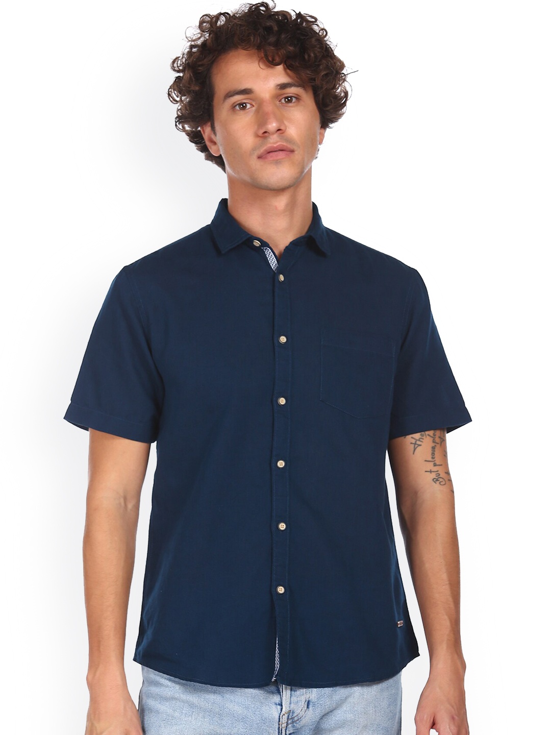 

Cherokee Men Navy Blue Solid Opaque Cotton Casual Shirt
