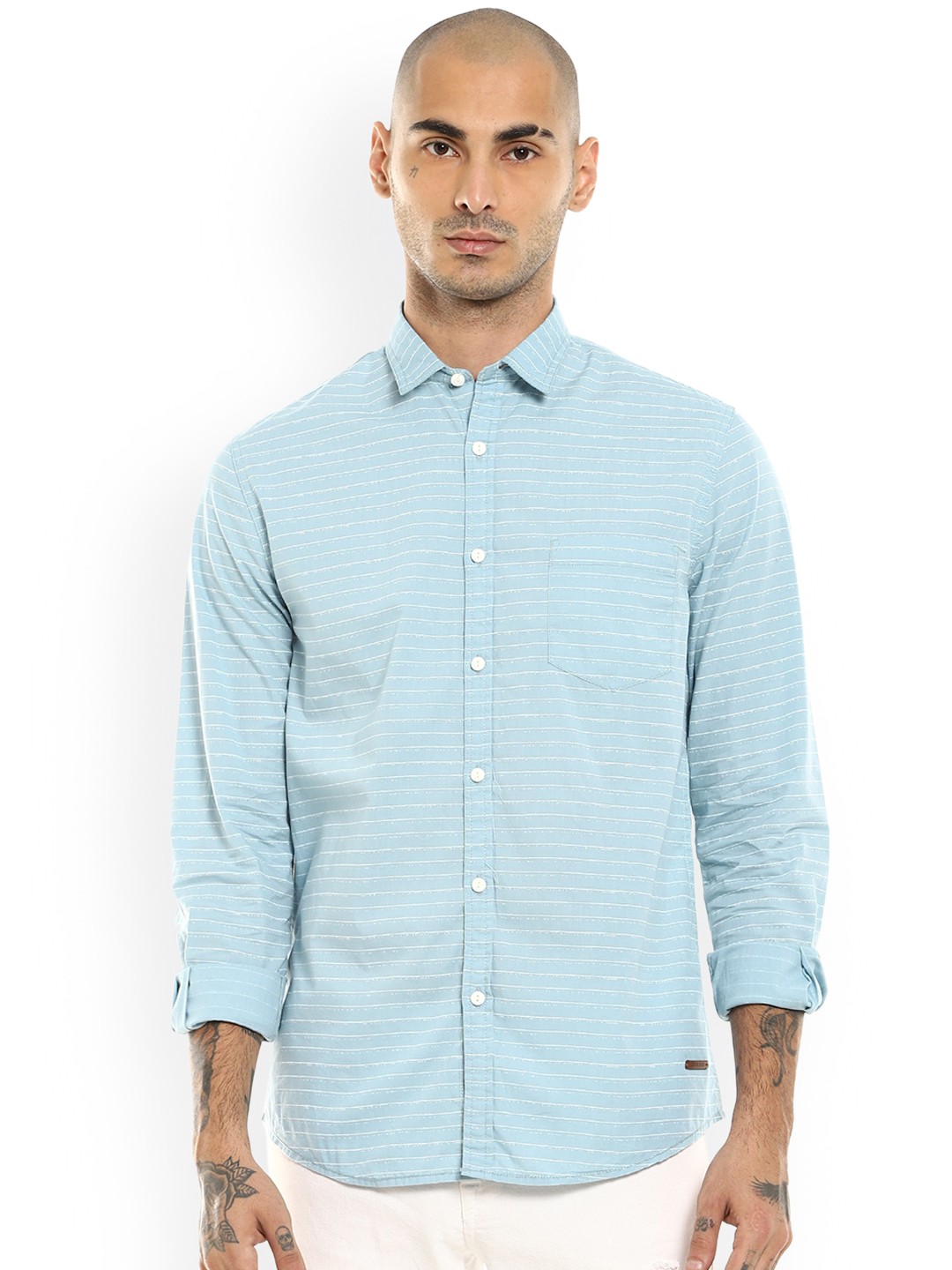 

Cherokee Men Blue & White Horizontal Stripes Opaque Cotton Casual Shirt