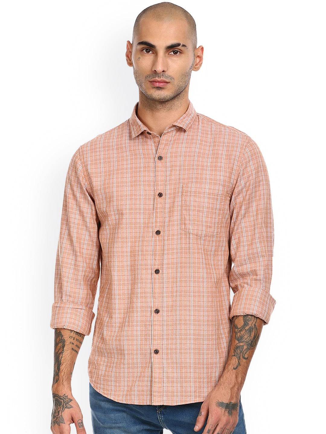 

Cherokee Men Brown Grid Tattersall Checks Opaque Pure Cotton Casual Shirt