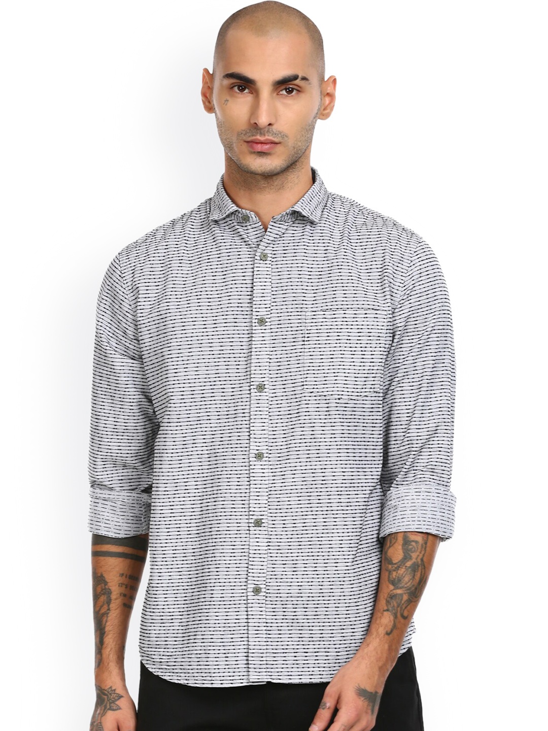 

Cherokee Men Grey Opaque Striped Pure Cotton Casual Shirt