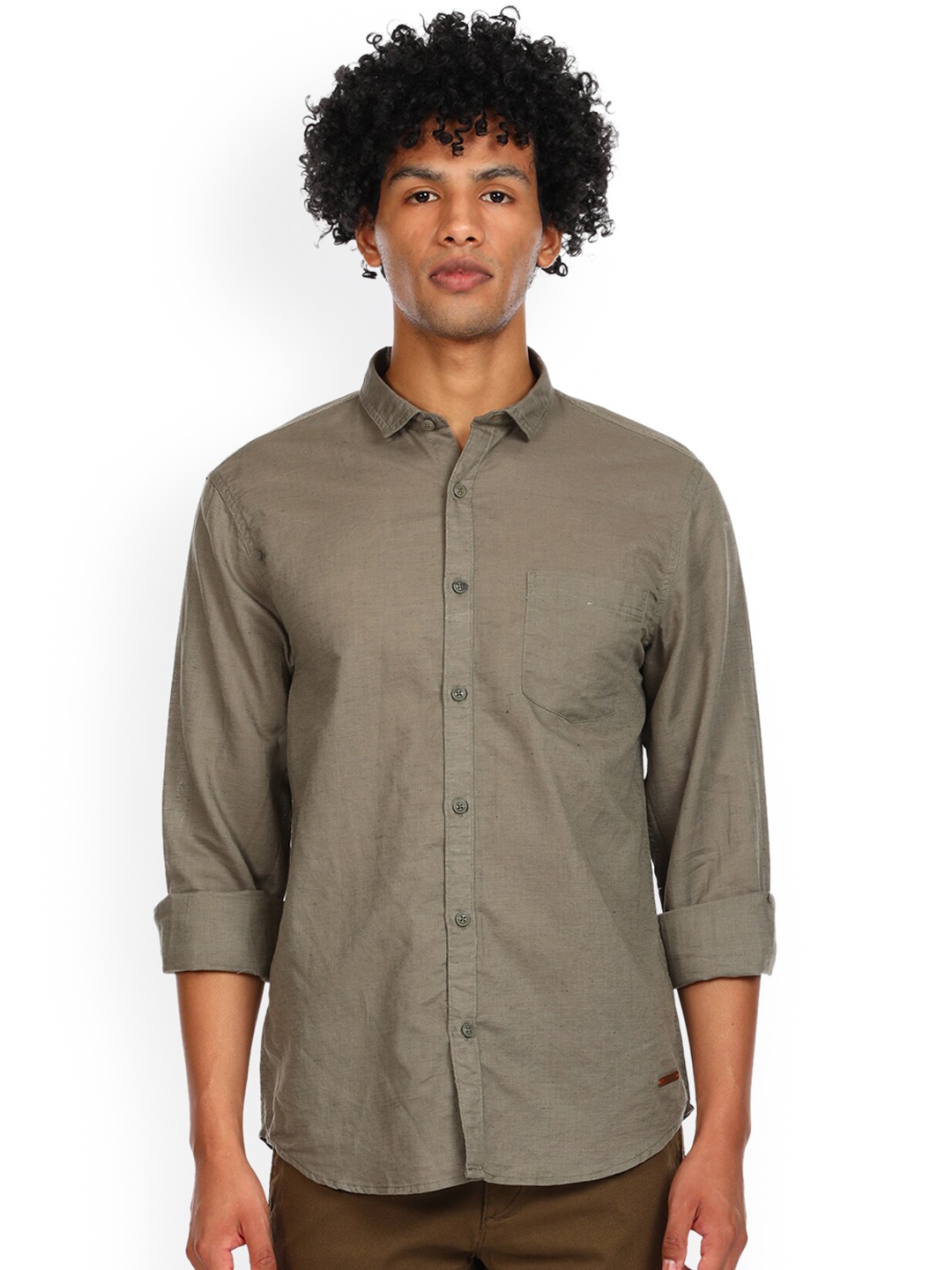 

Cherokee Men Olive Green Opaque Cotton Casual Shirt