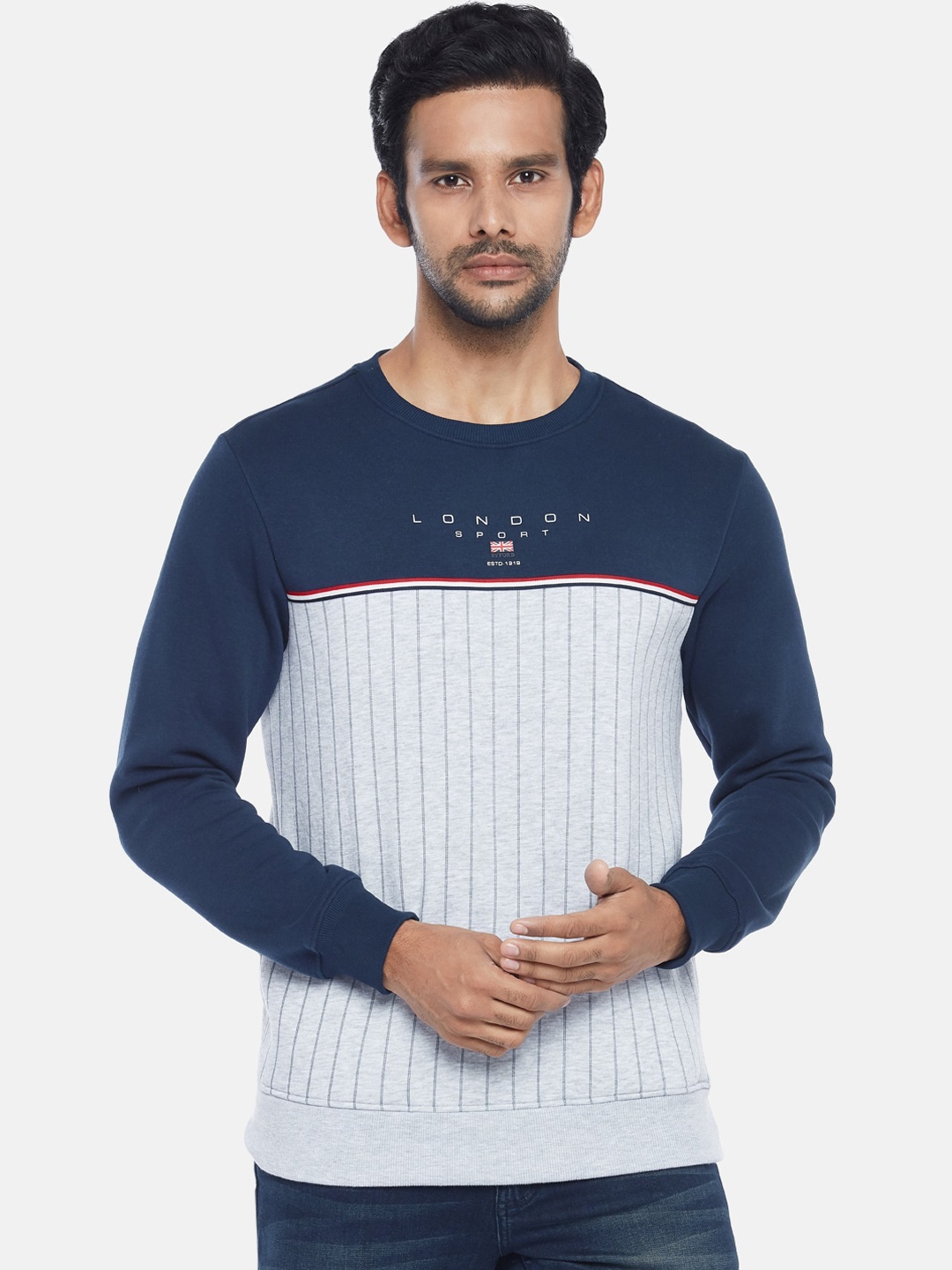 

BYFORD by Pantaloons Men Navy Blue & Grey Striped Sweatshirt