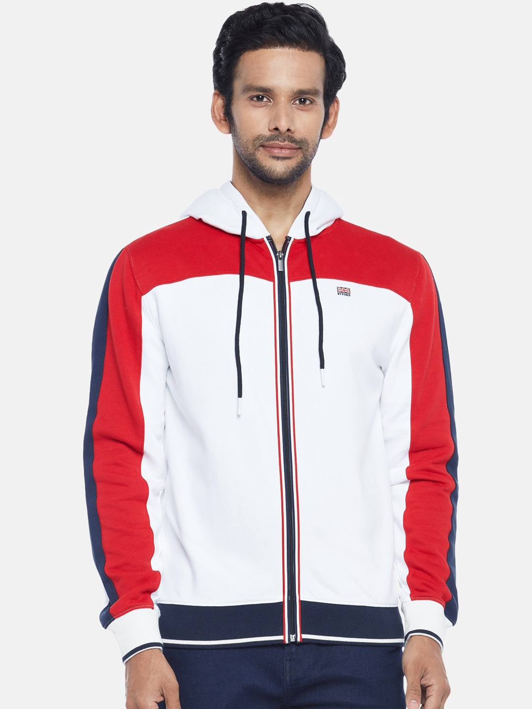 

BYFORD by Pantaloons Men White & Red Colourblocked Hooded Sweatshirt