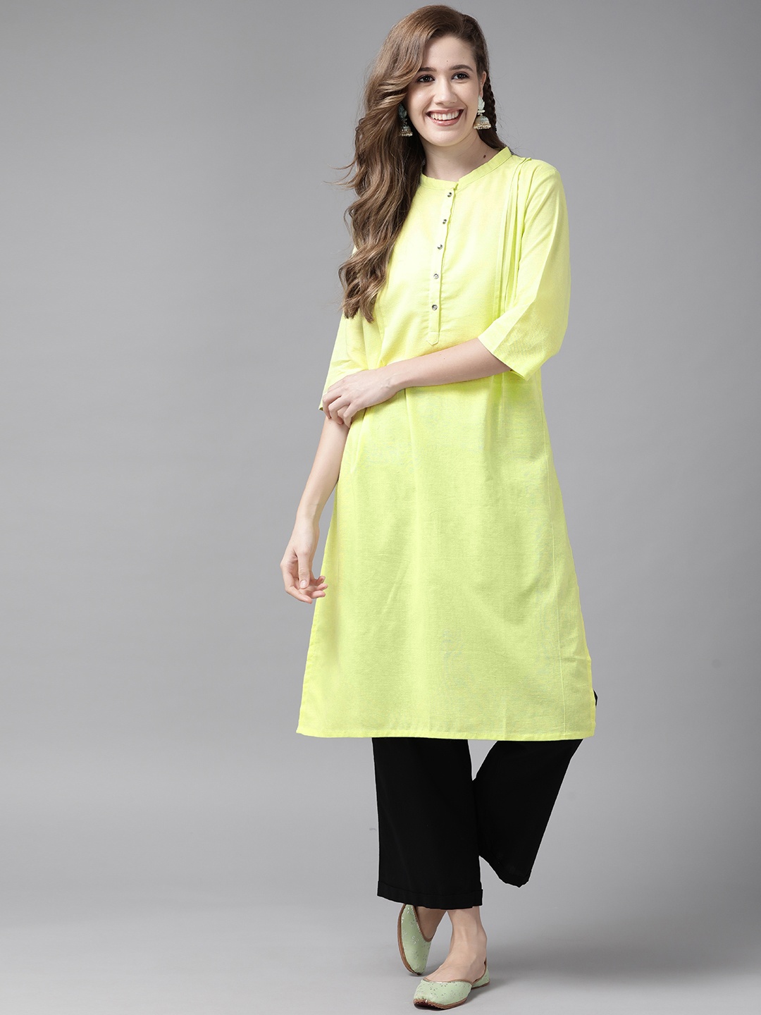 

W Women Lime Green Solid Pure Cotton Kurta