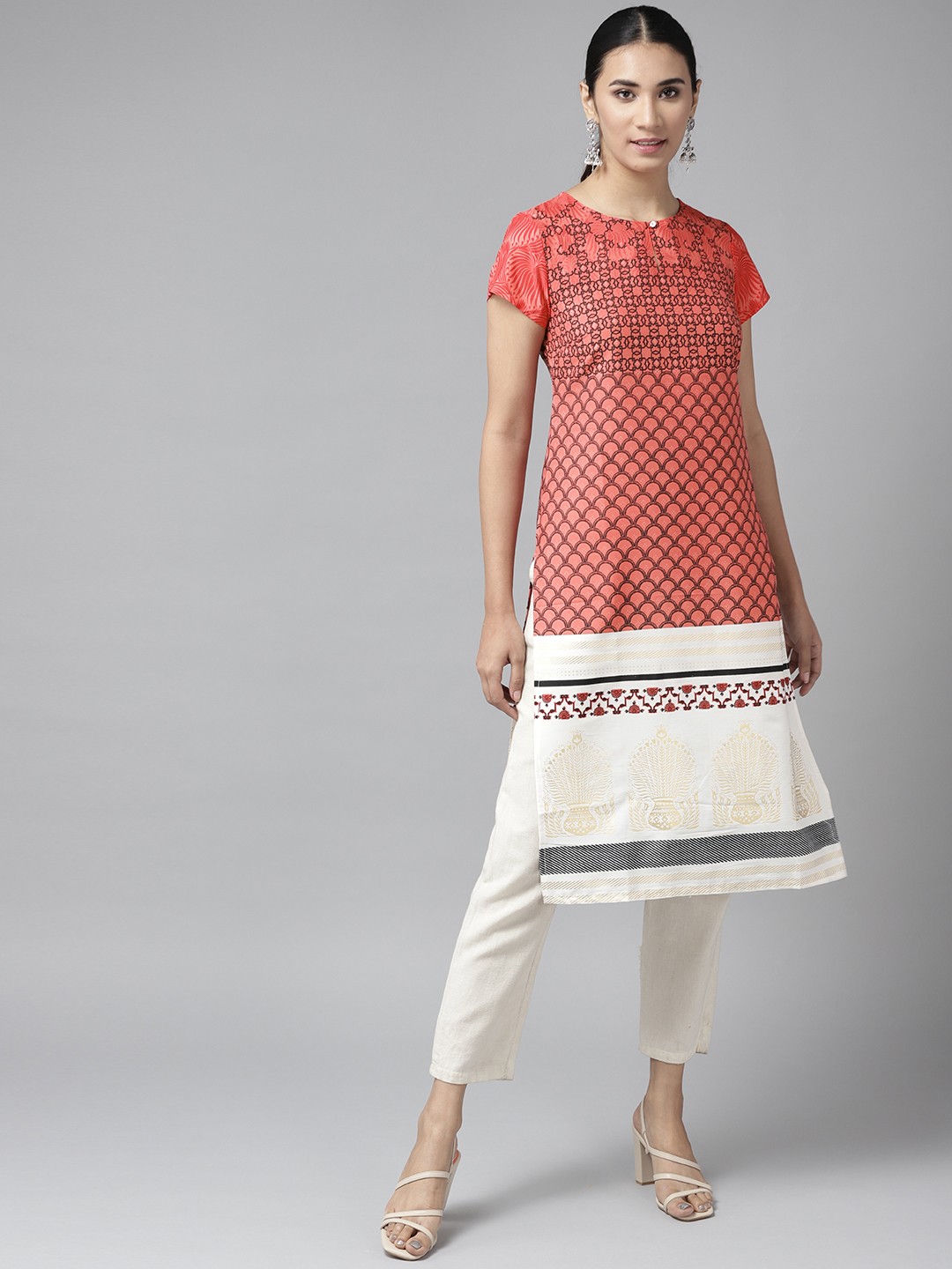 

W Women Red & Black Ethnic Motifs Printed Keyhole Neck Kurta