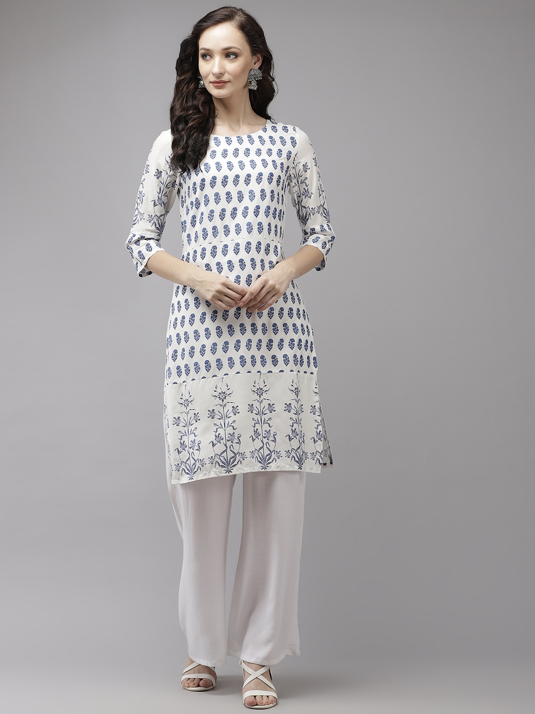

W Women White & Blue Ethnic Motif Printed Straight Kurta