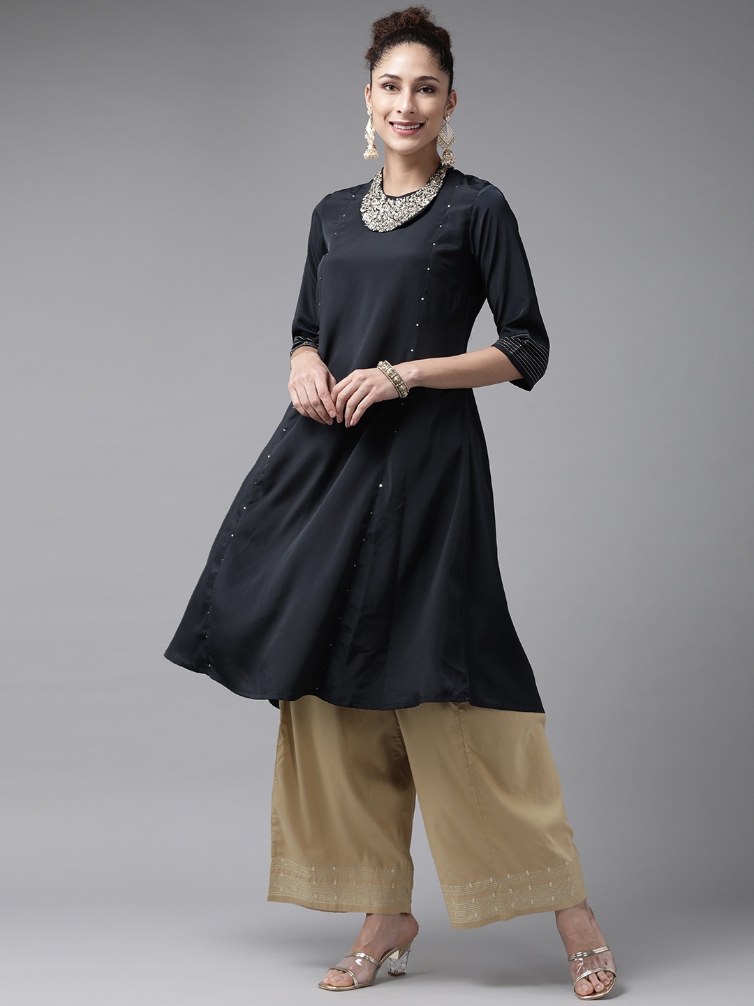 

W Women Navy Blue Sequinned A-Line Kurta with Embellished Neckpiece