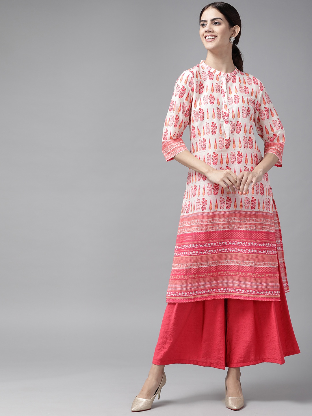

W Women Off-White & Pink Cotton Ethnic Motifs Printed Straight Kurta