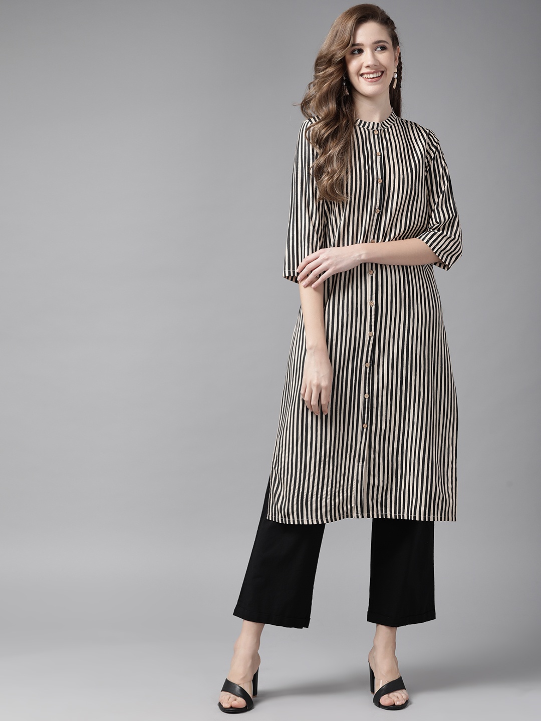

W Women Black & Beige Pure Cotton Striped Kurta