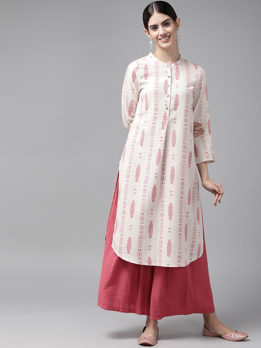 

W Women Off White & Pink Ethnic Motifs Printed Pastels Kurta