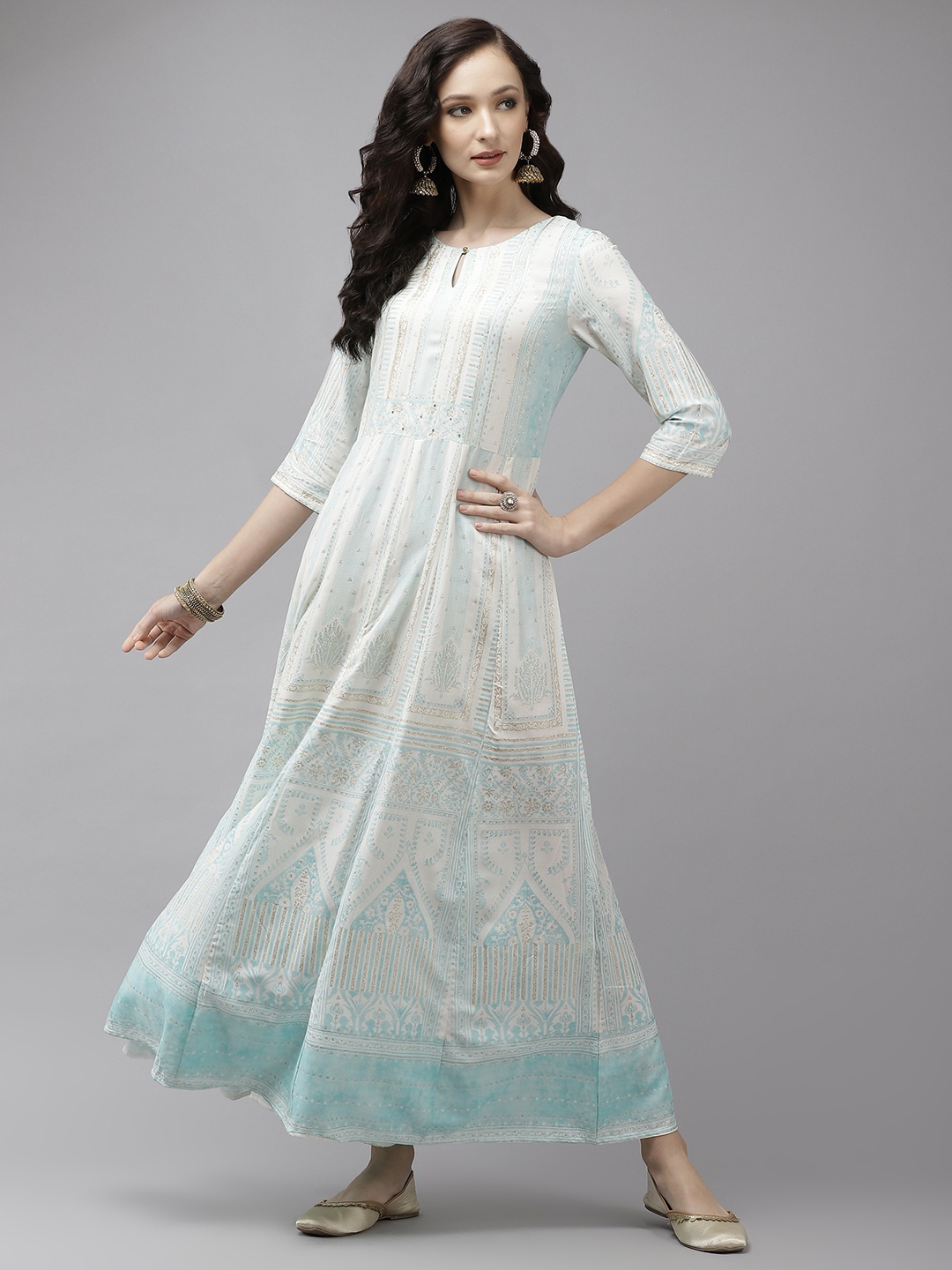 

W Women White & Blue Ethnic Motifs Printed Keyhole Neck Anarkali Kurta