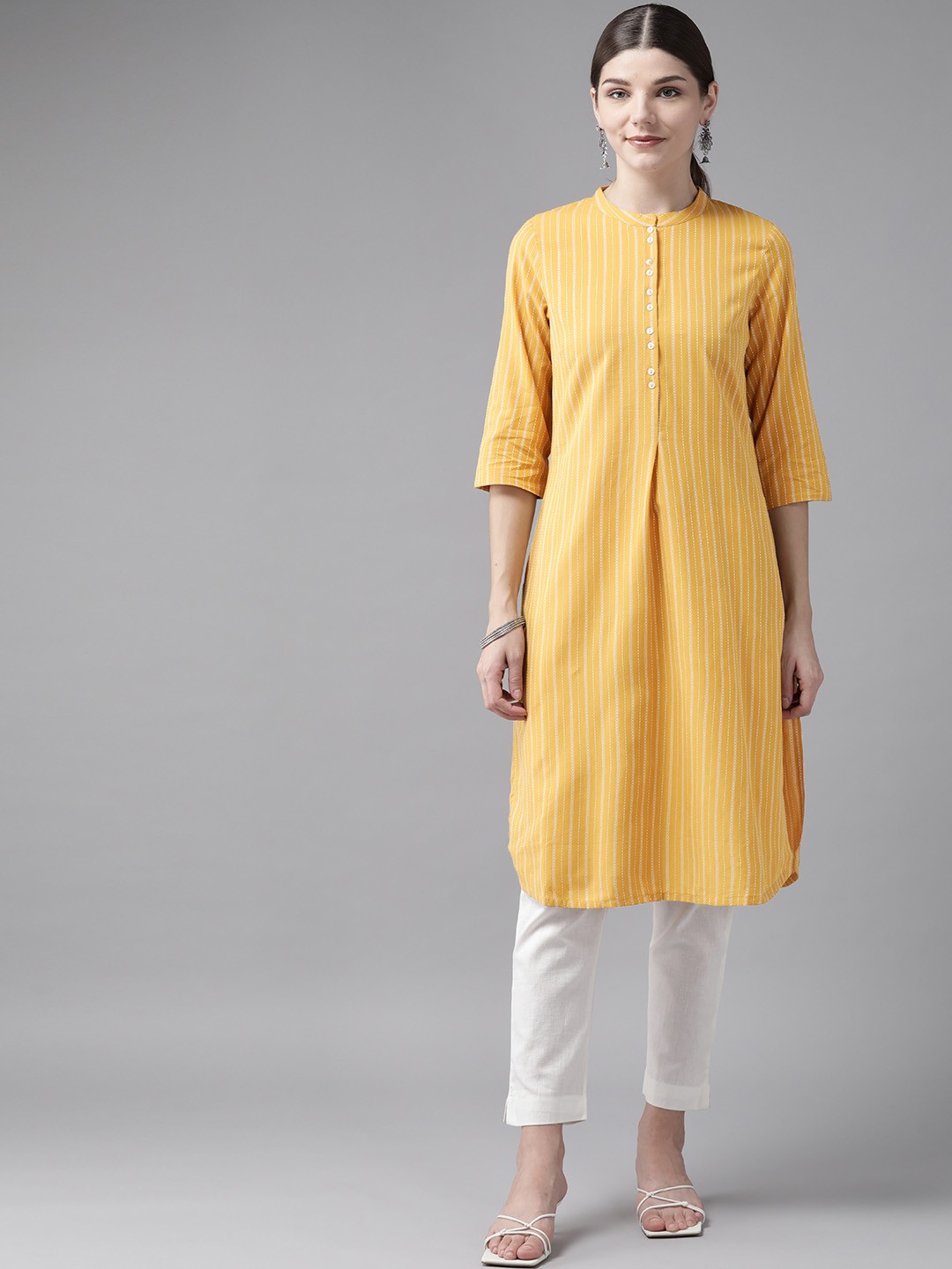 

W Women Yellow & White Striped Kurta