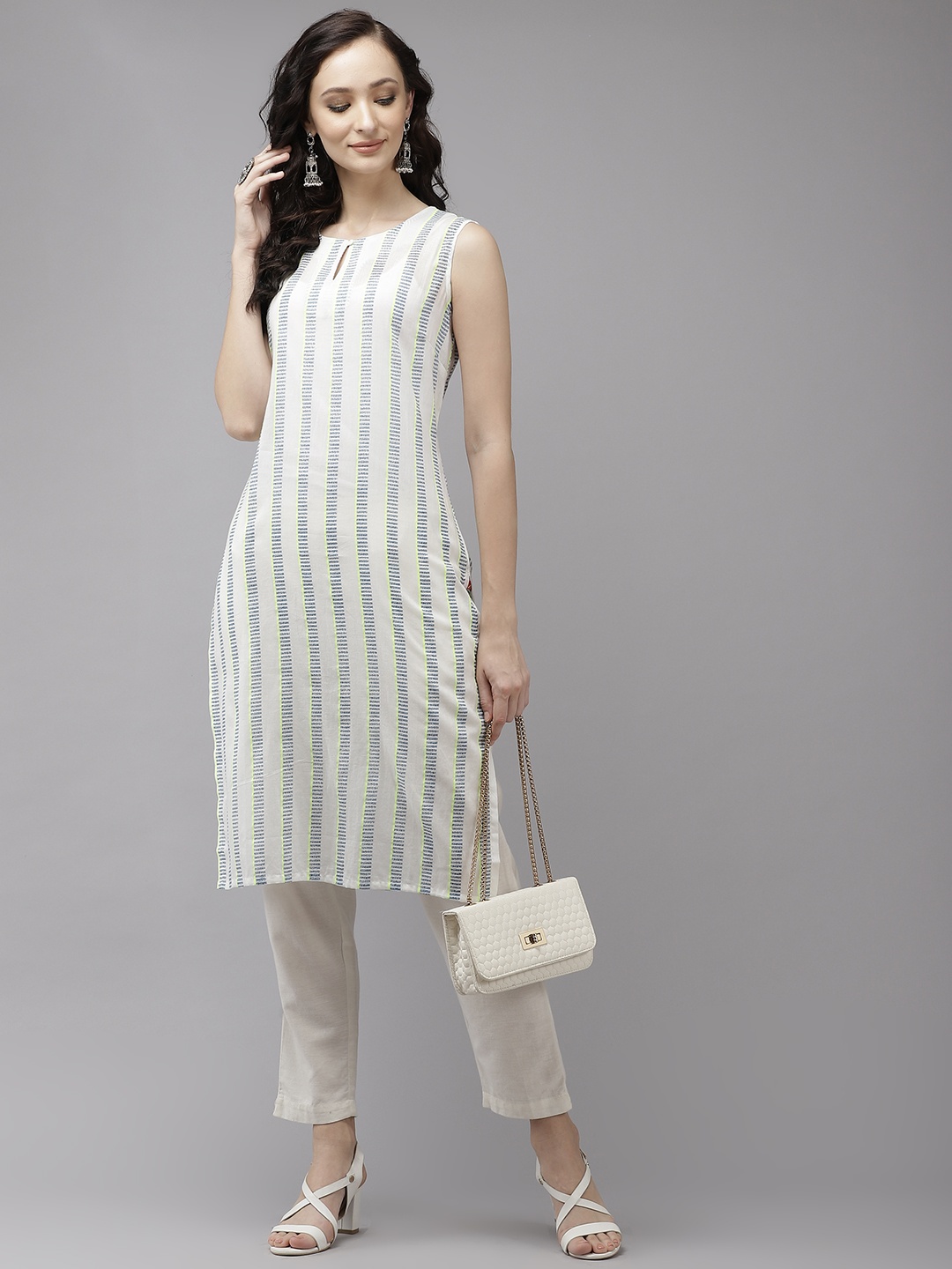 

W Women White & Blue Cotton Striped Keyhole Neck Straight Kurta