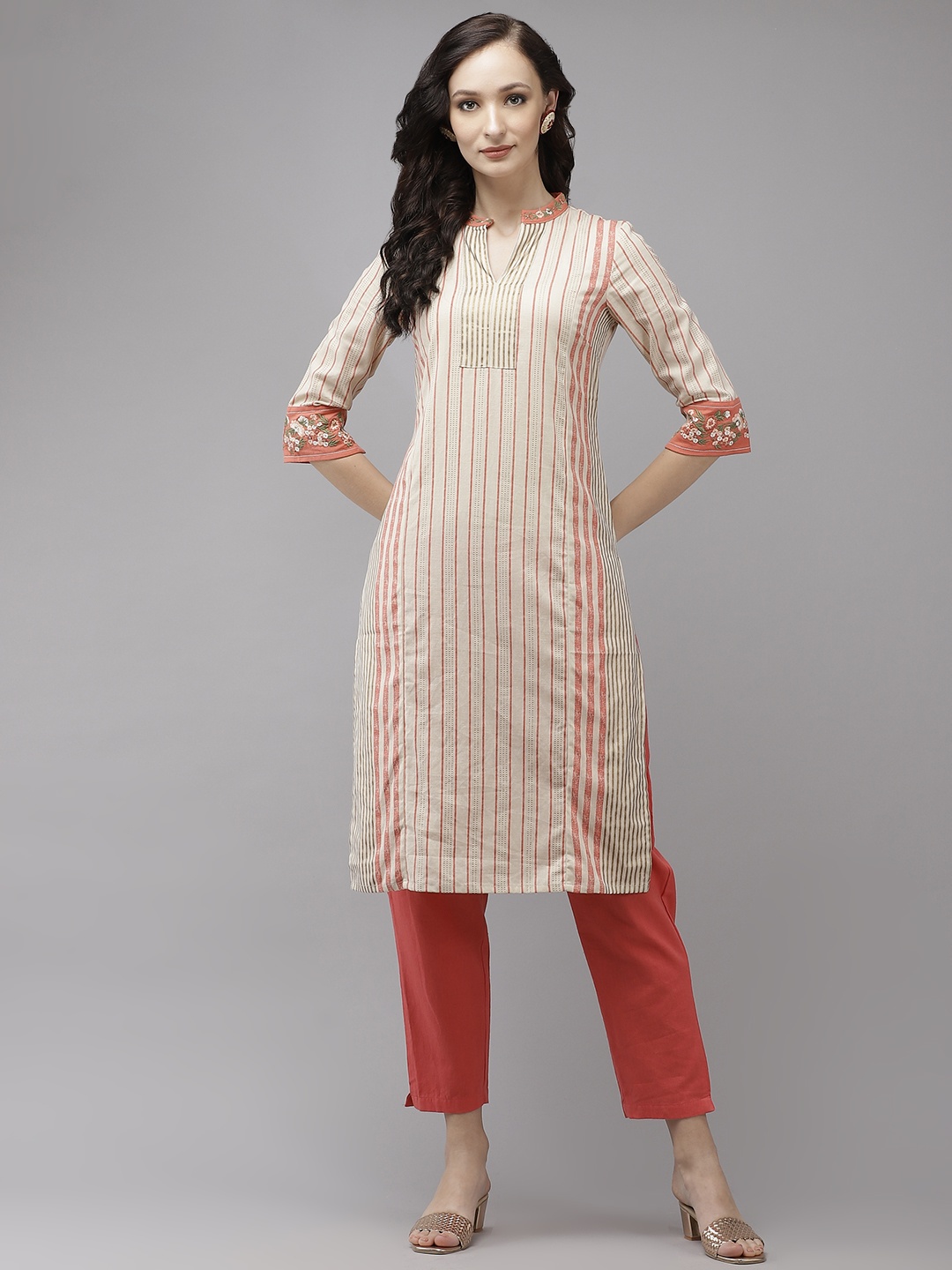 

W Women Cream-Coloured & Orange Striped Kurta