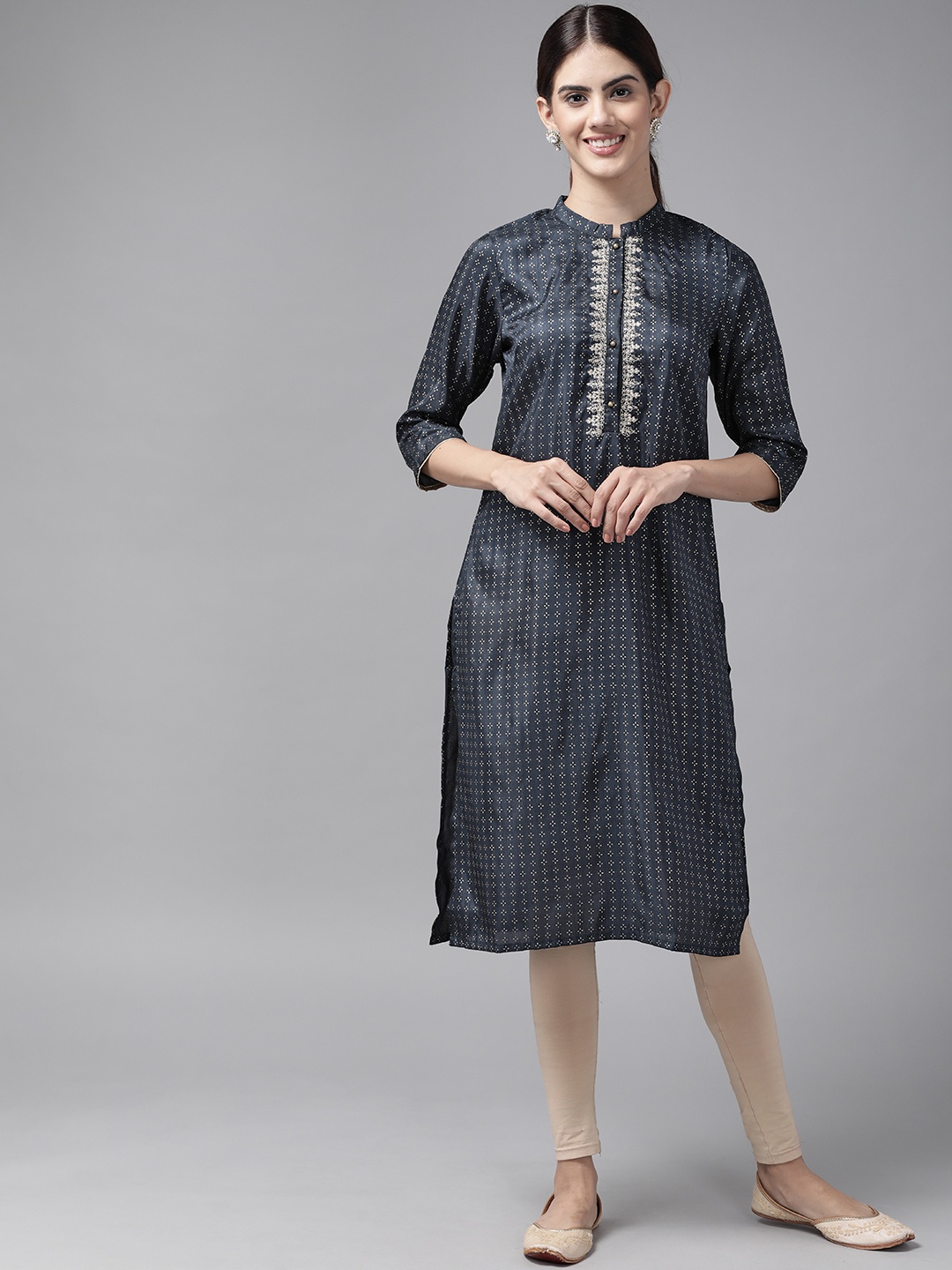 

W Women Navy Blue & Golden Ethnic Motifs Printed Thread Work Kurta