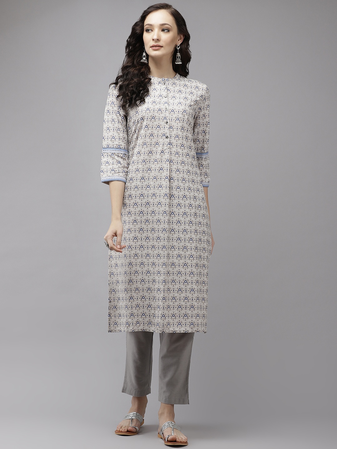 

W Women Grey & Navy Blue Ethnic Motifs Printed Kurta