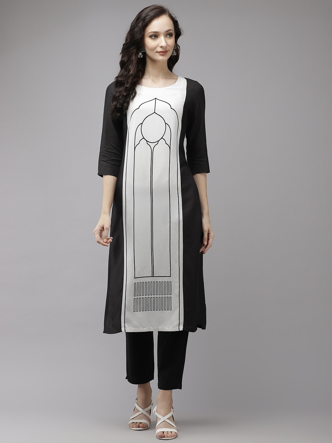 

W Women Black & White Printed Straight Kurta