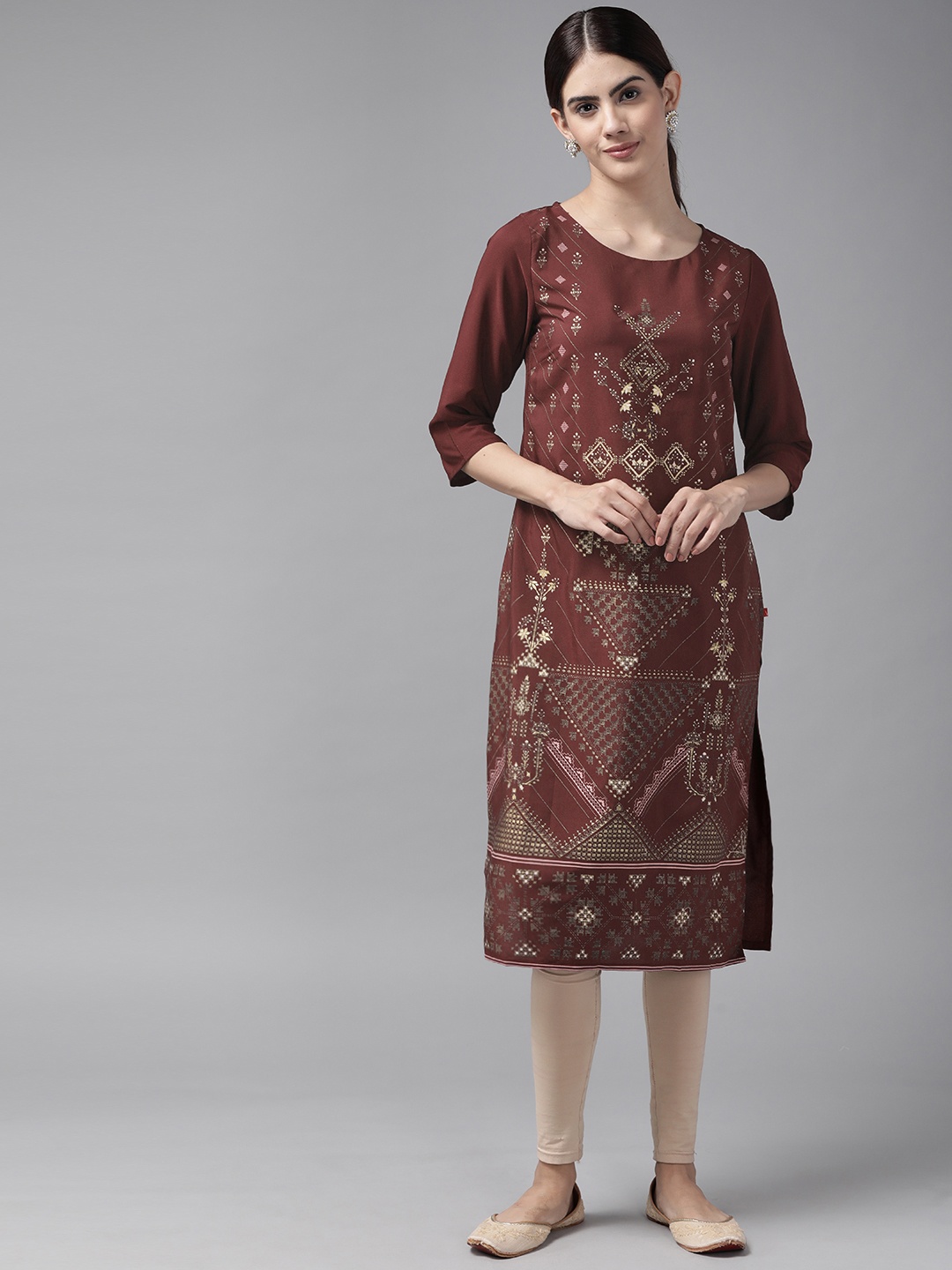 

W Women Maroon & Golden Ethnic Motifs Printed Kurta