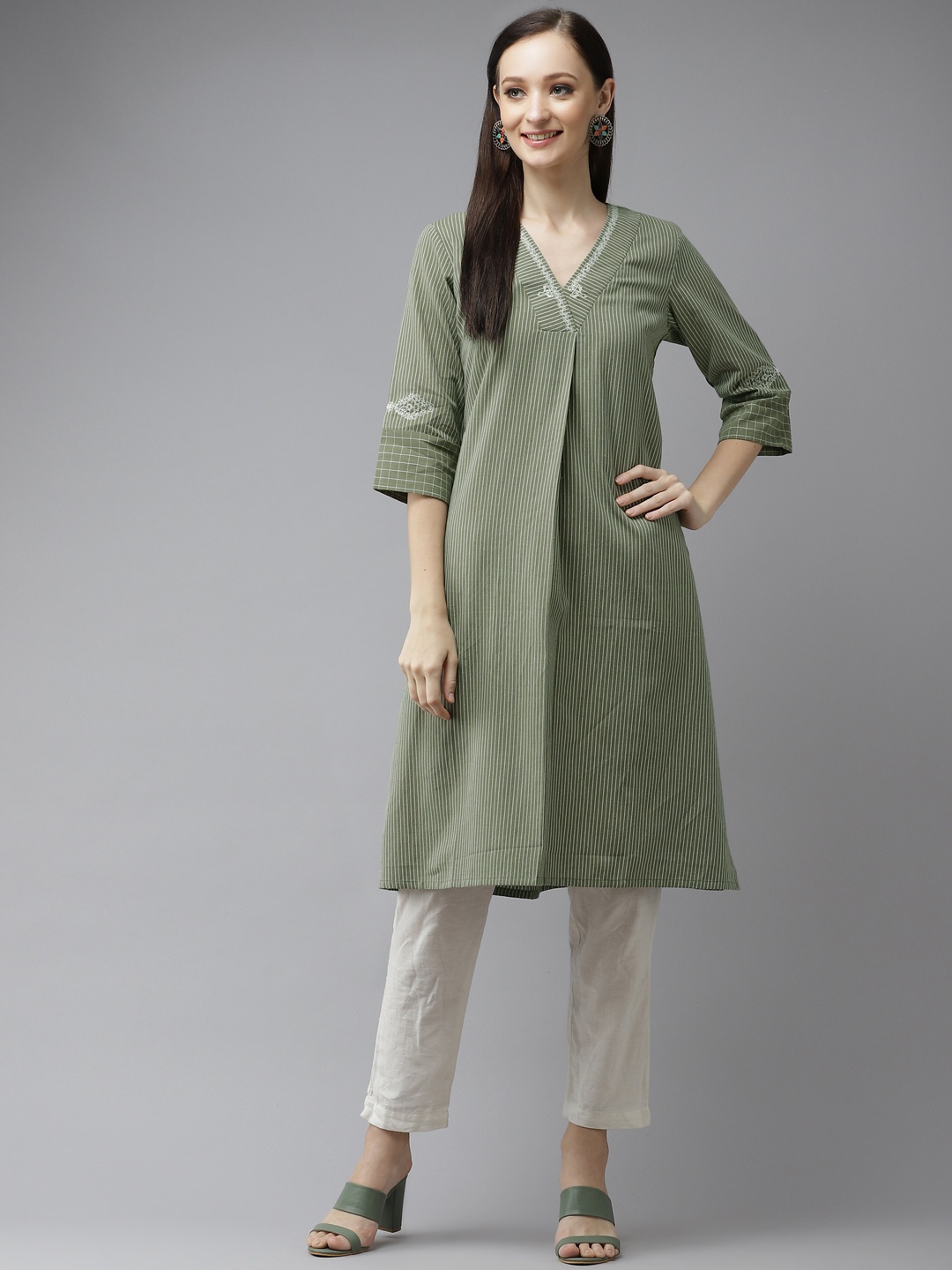 

W Women Green & Off White Cotton Linen Striped Thread Work Pleated A-Line Kurta