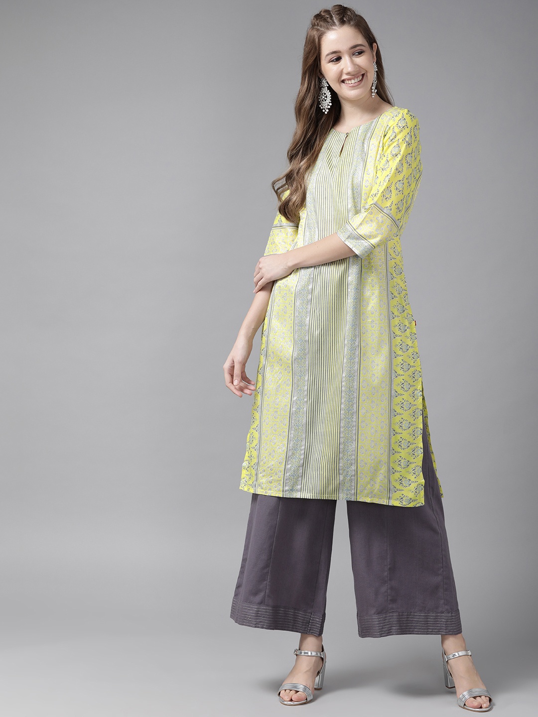 

W Women Yellow & Grey Ethnic Motifs Printed Keyhole Neck Kurta