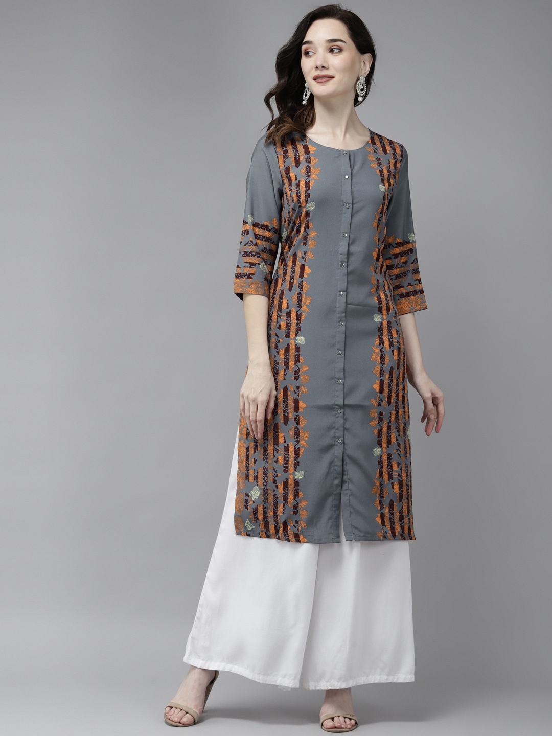 

W Women Grey & Orange Ethnic Motifs Printed Kurta