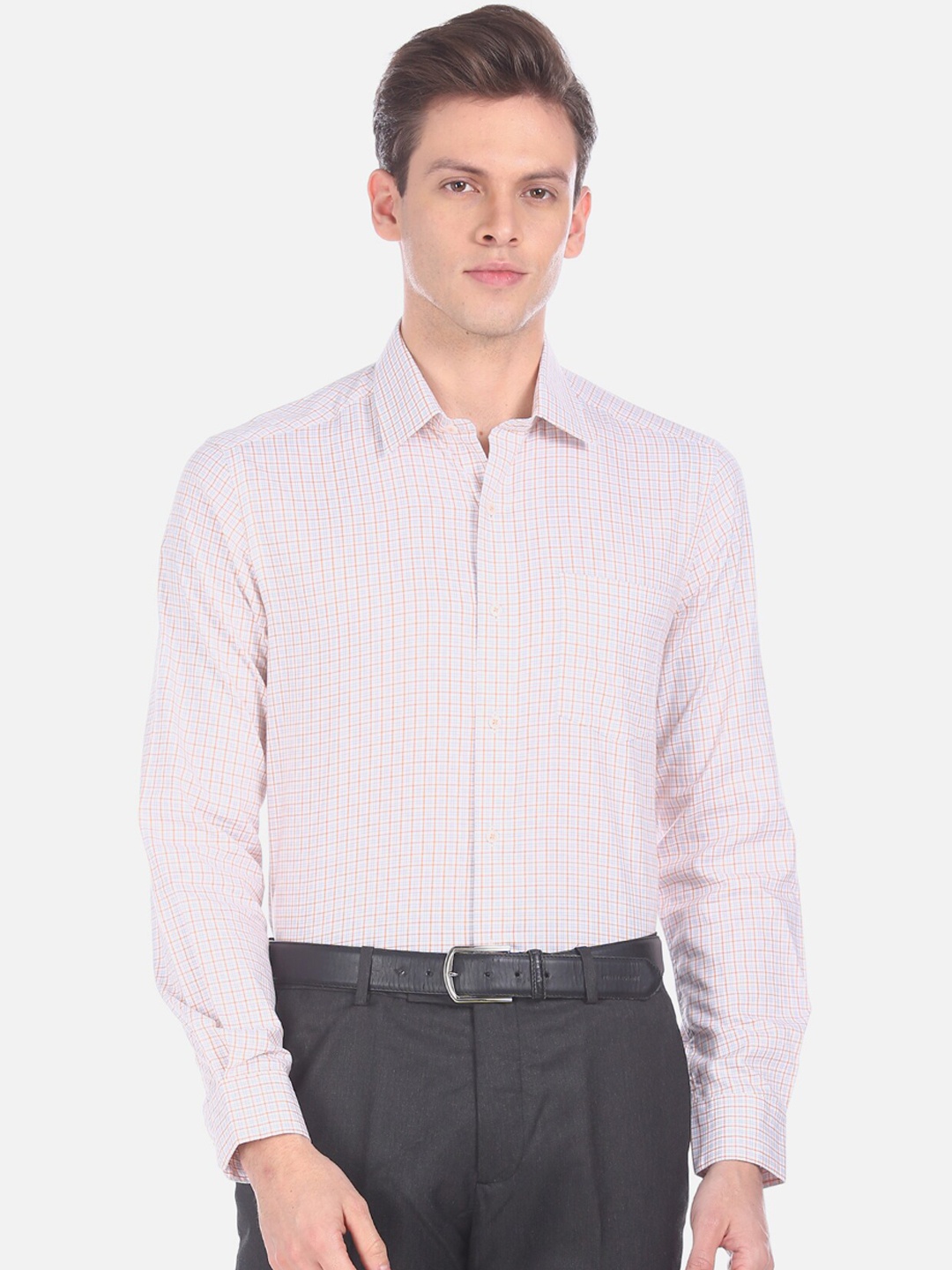 

Arrow Men Orange & White Slim Fit Opaque Checked Pure Cotton Formal Shirt