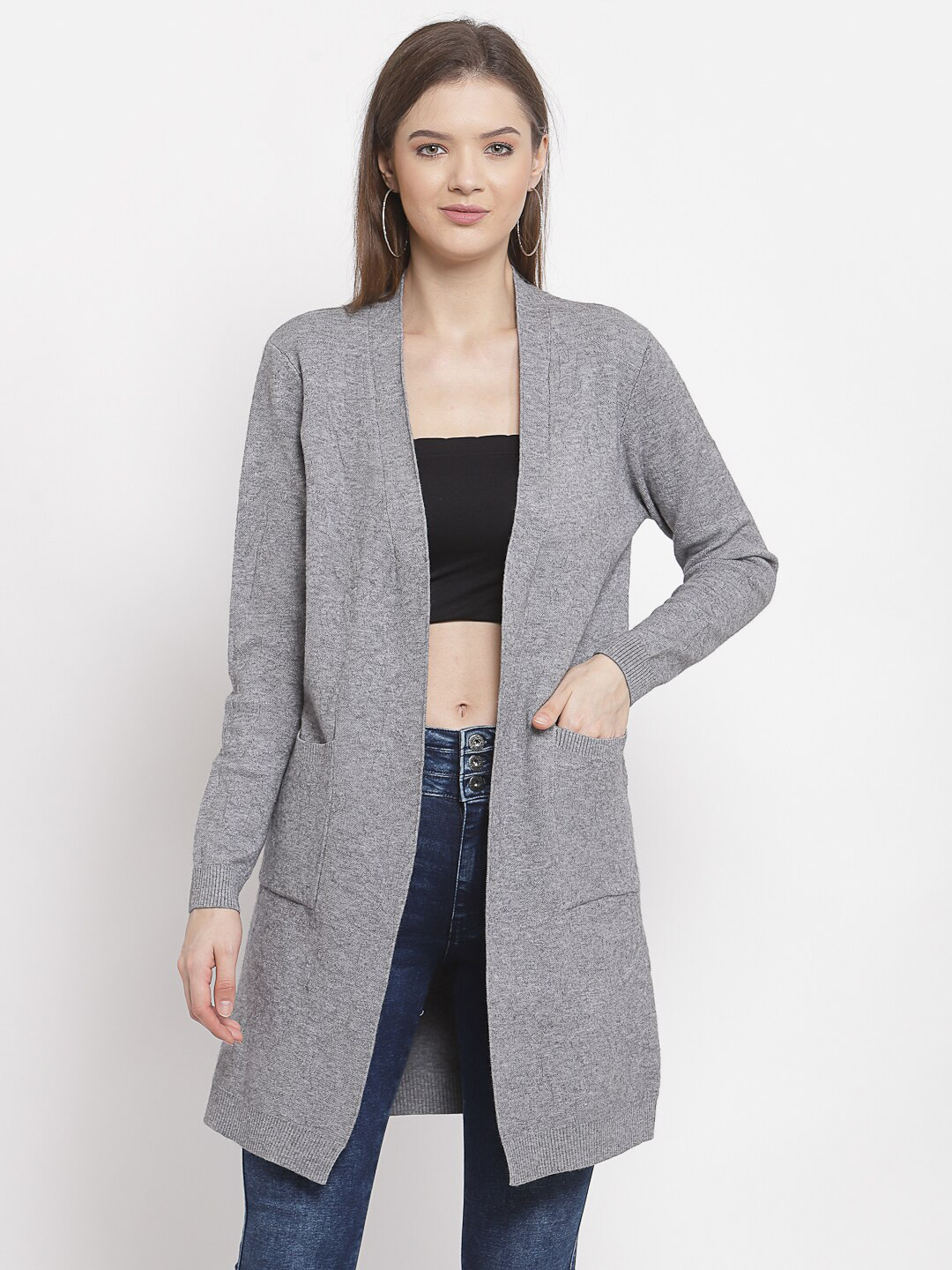 

Mafadeny Women Grey Longline Shrug