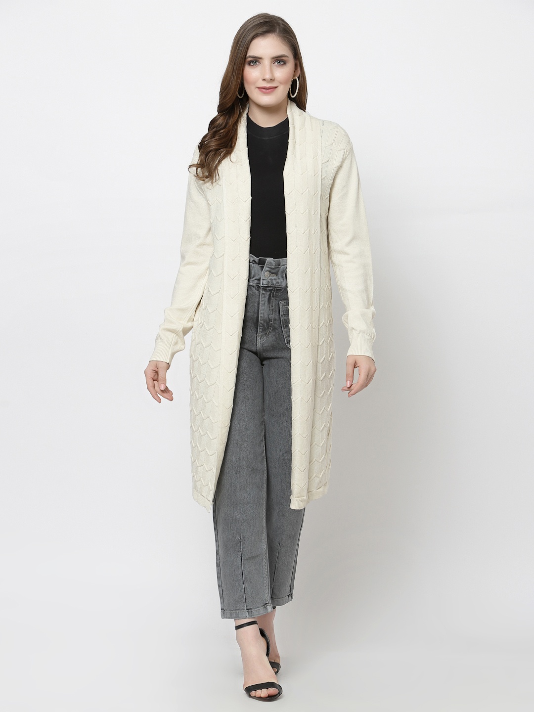

Mafadeny Women Cream-Coloured Longline Shrug