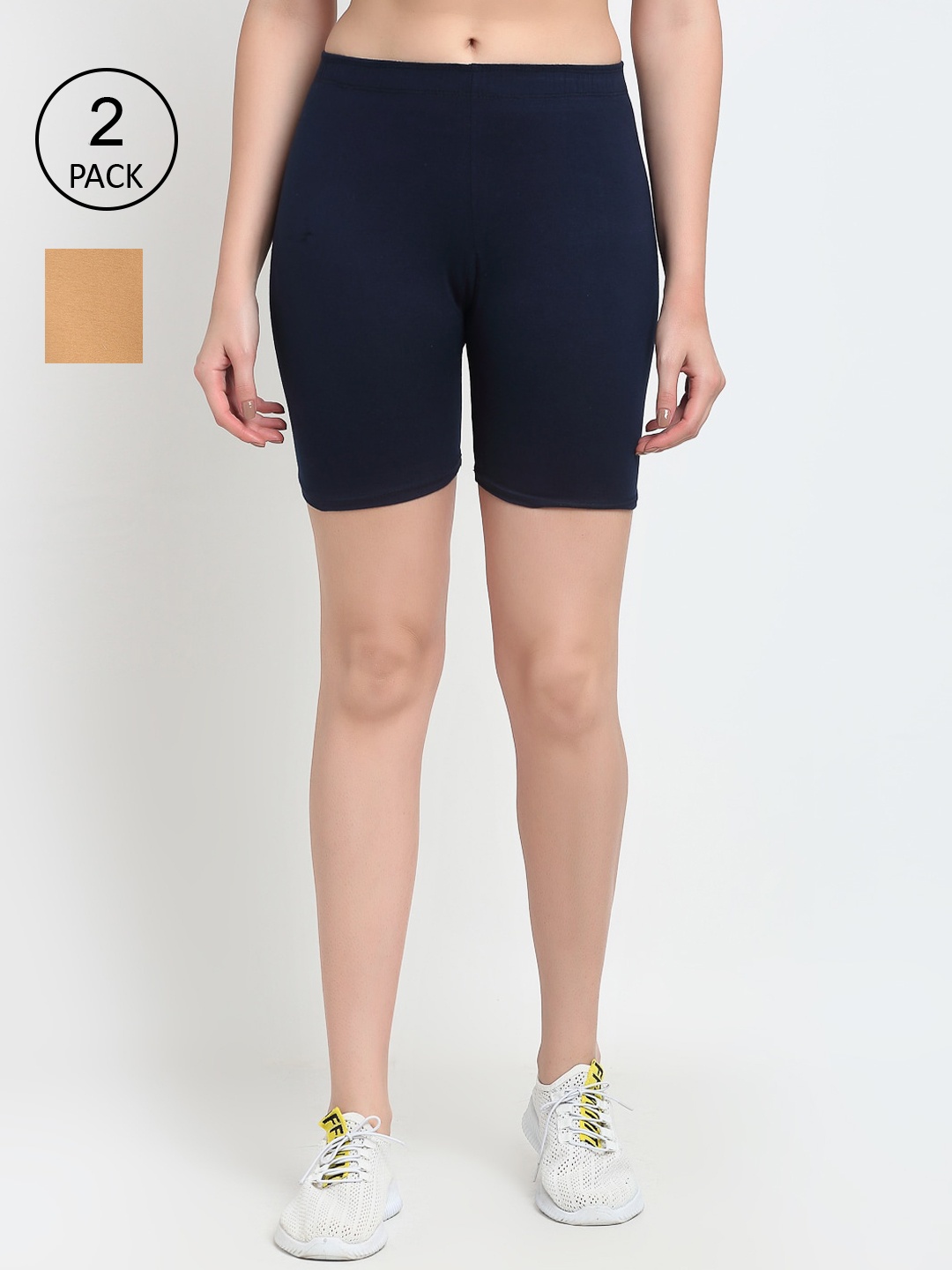 

GRACIT Women Pack of 2 Beige & Navy Blue Biker Shorts