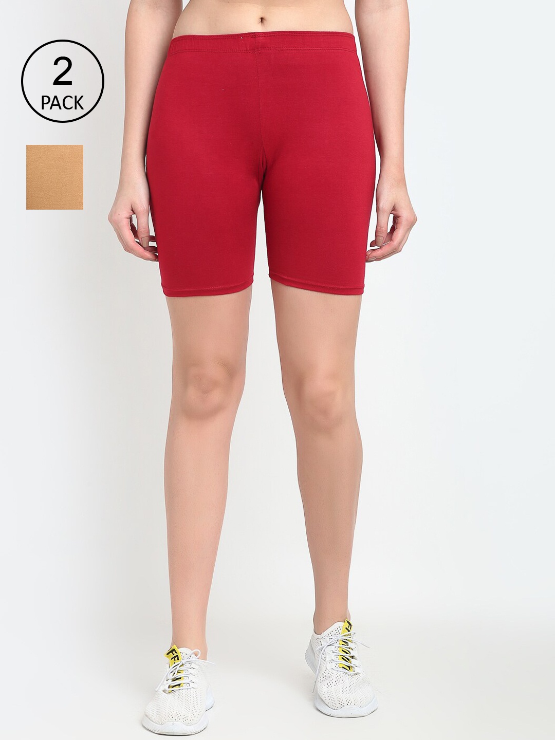 GRACIT Women Pack of 2 Beige & Maroon Biker Shorts