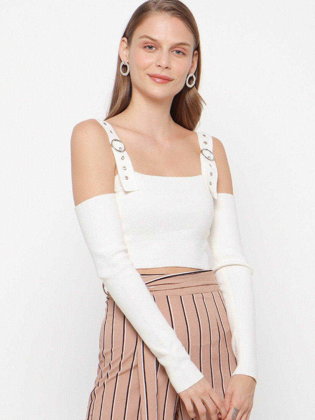

FOREVER 21 Women White Suspender-Strap Open-Shoulder Crop Top