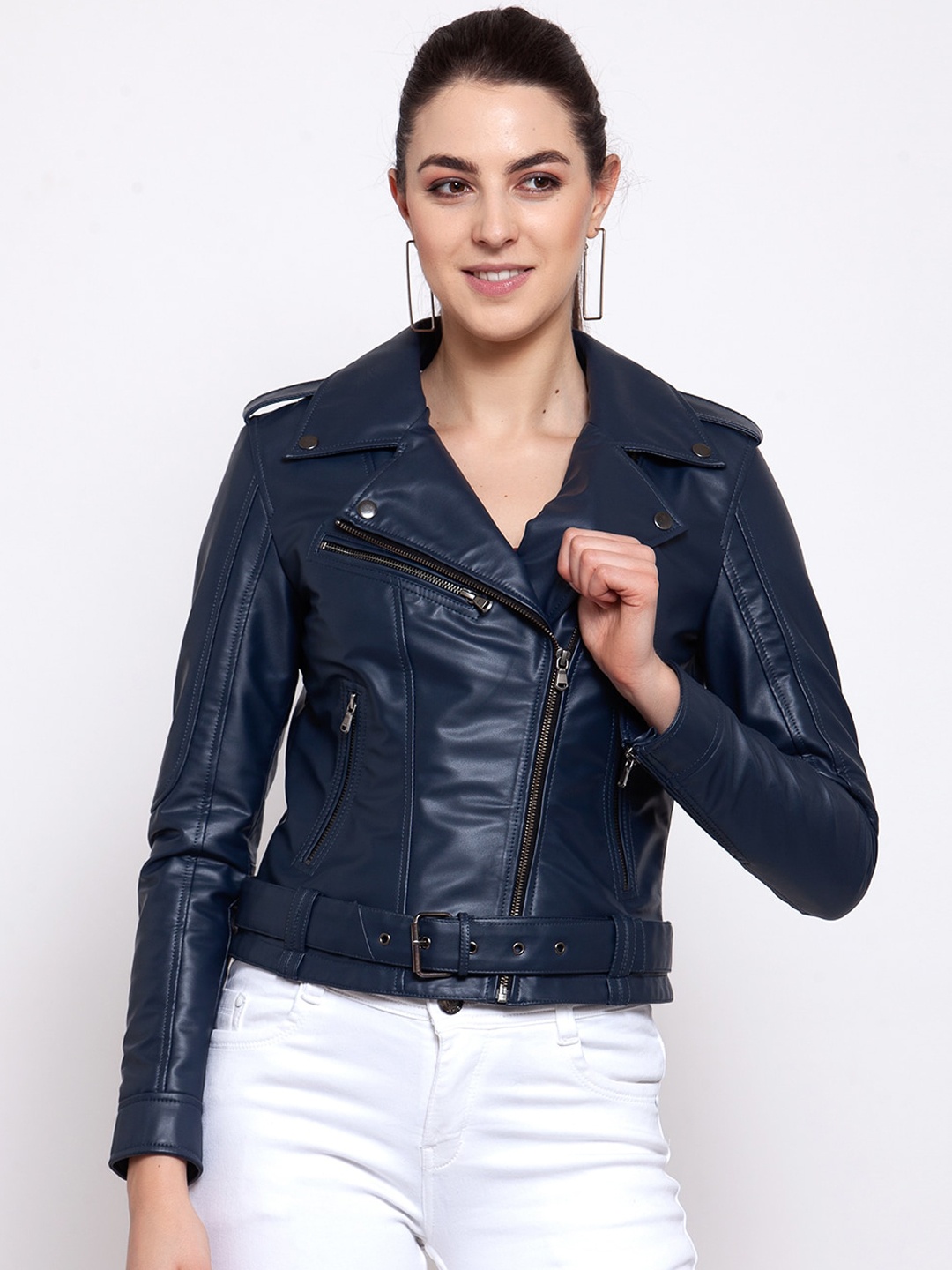 

BEAVER Women Blue Crop Biker Jacket