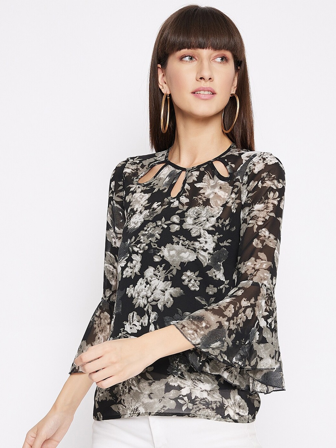 

PURYS Black Floral Keyhole Neck Georgette Regular Top