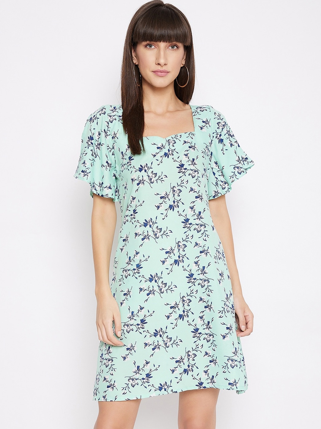 

PURYS Green & Blue Floral Printed Crepe A-Line Dress