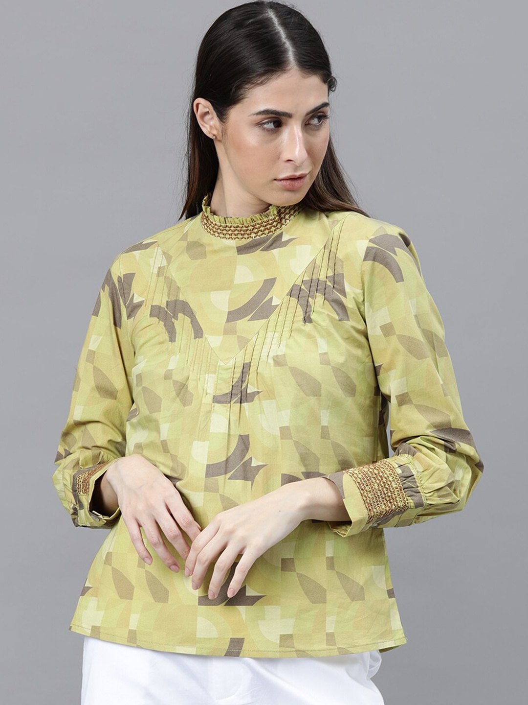 

RAREISM Green & Grey Geometric Mandarin Collar Cotton A-Line Top