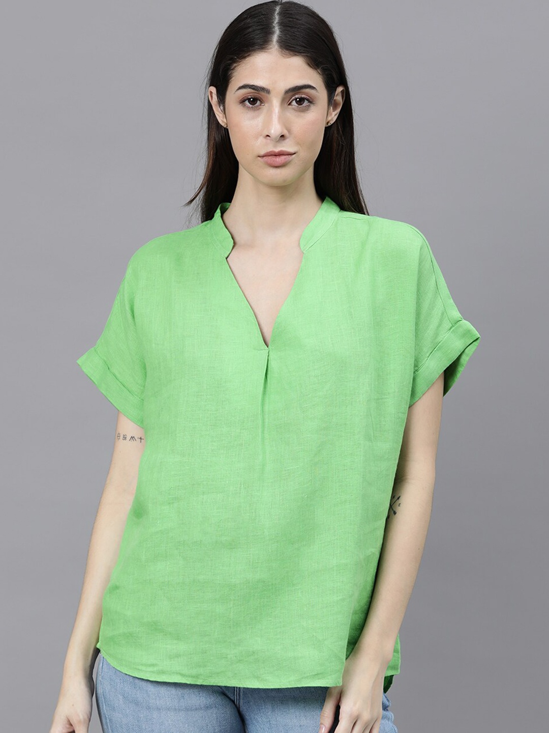 

RAREISM Green Mandarin Collar Extended Sleeves Linen Regular Top