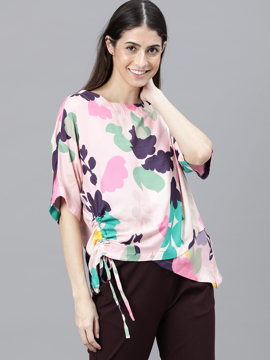 

RAREISM Pink Abstract Printed Extended Sleeves Kaftan Top