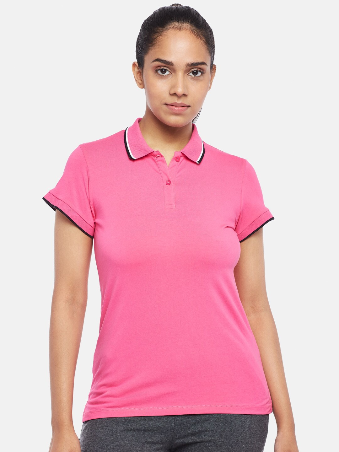 

Ajile by Pantaloons Women Pink Polo Collar Pure Cotton T-shirt
