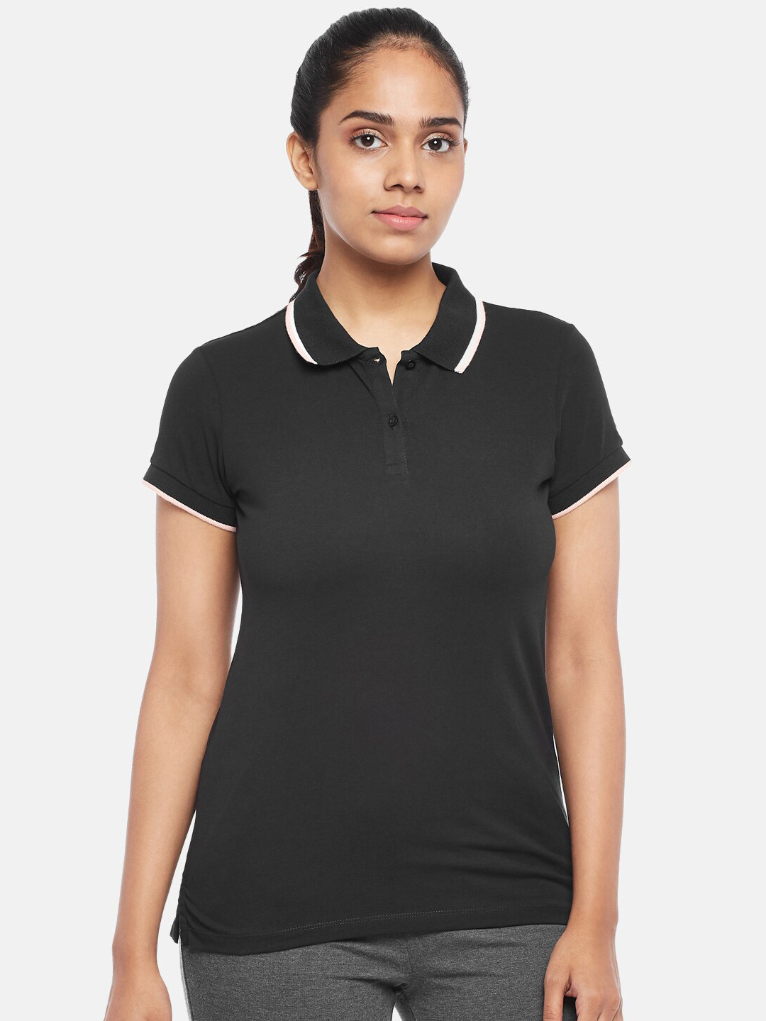 

Ajile by Pantaloons Women Black Polo Collar Pure Cotton T-shirt