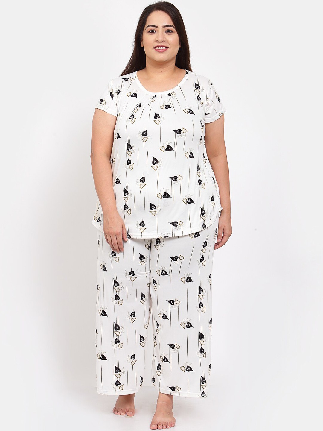 

KLOTTHE Women White & Black Plus Size Printed Night suit