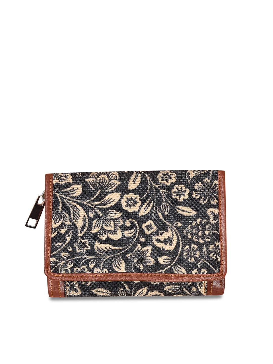 

ZOUK Women Black & Beige Floral Printed Three Fold Wallet