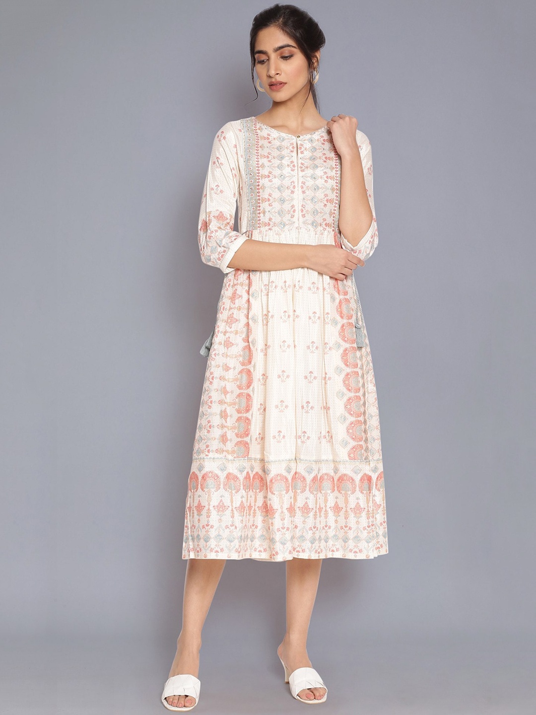 

W Beige & Pink Ethnic Motifs Midi Dress