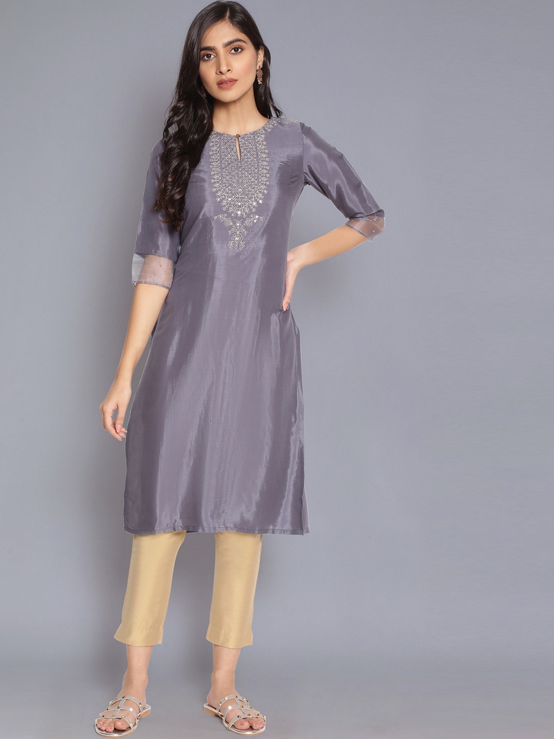 

W Women Blue Yoke Design Keyhole Neck Flared Sleeves Kurta